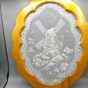 Vintage Lace Windmill, Framed in Honey Wood, Blue